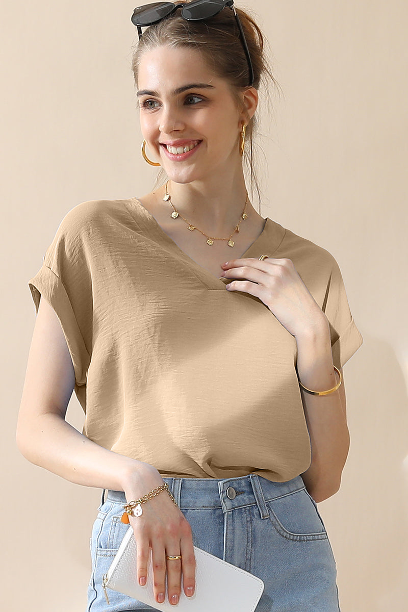 WOMENS V NECK TRIM ROLLED SHORT SLEEVE BLOUSE TOP