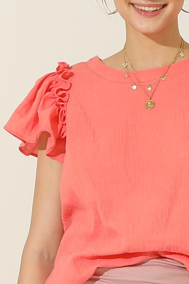 R NECK FRILL SHORT SLEEVE BLOUSE TOP - Doublju