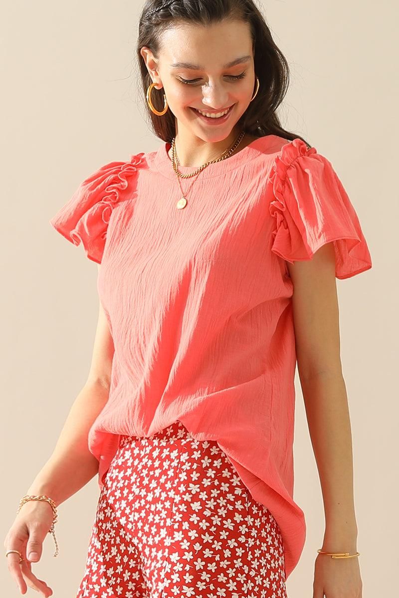 R NECK FRILL SHORT SLEEVE BLOUSE TOP - Doublju