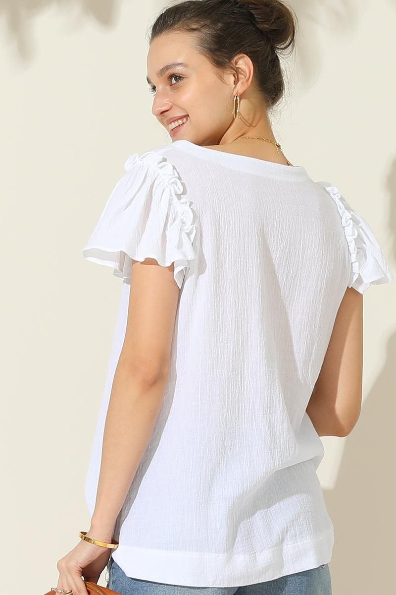 R NECK FRILL SHORT SLEEVE BLOUSE TOP - Doublju