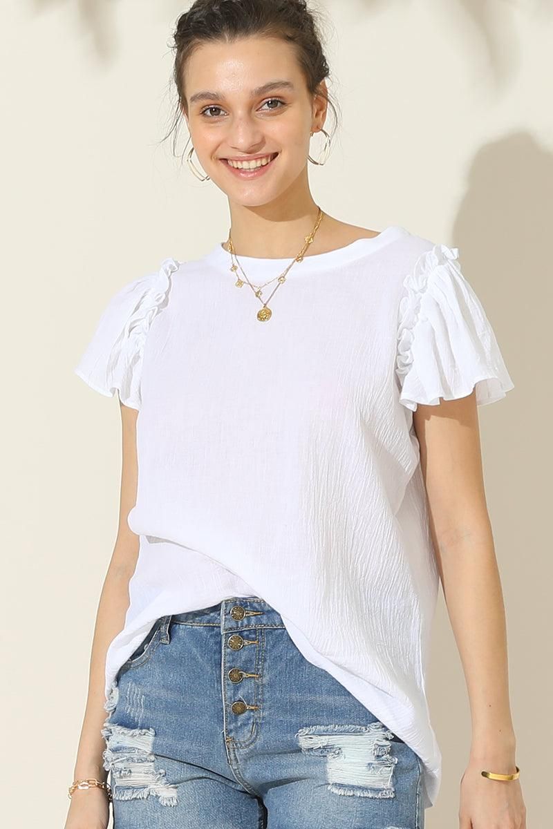 R NECK FRILL SHORT SLEEVE BLOUSE TOP - Doublju