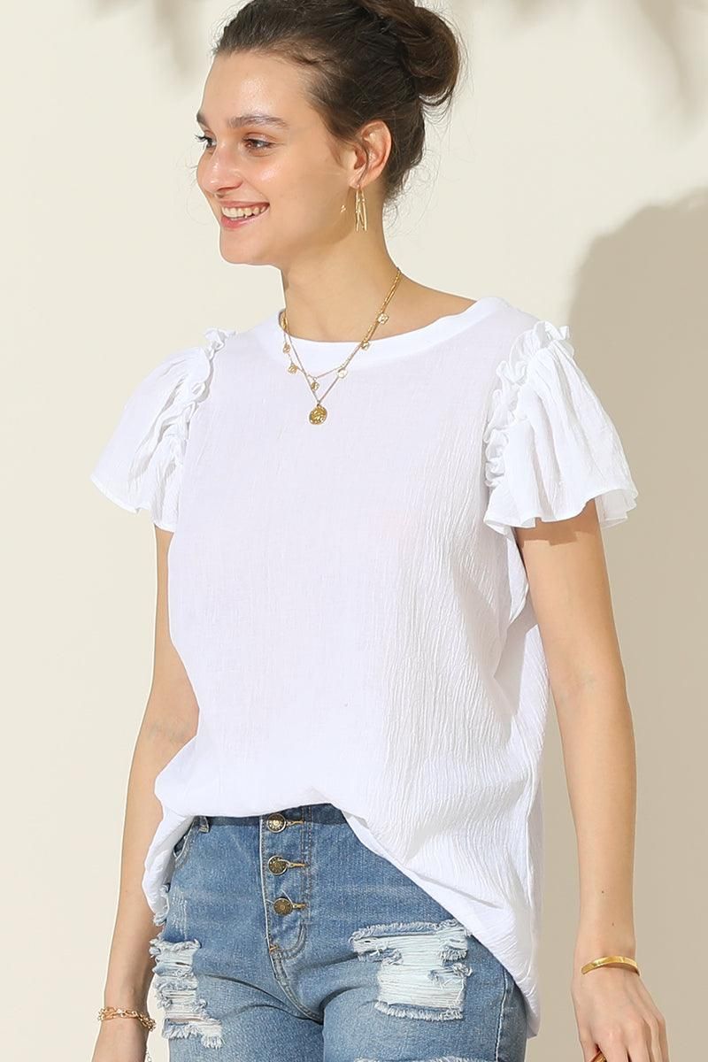 R NECK FRILL SHORT SLEEVE BLOUSE TOP - Doublju