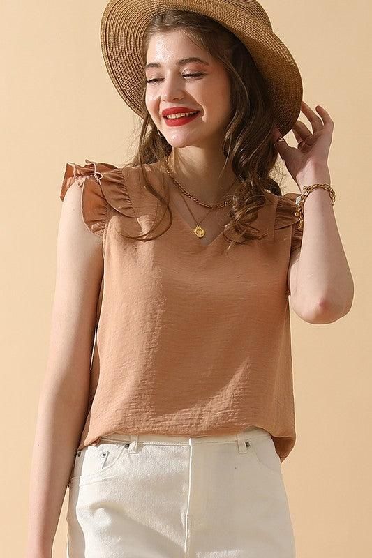 V NECK SLEEVELESS FRILL SHOULDER BLOUSE TOP - Doublju