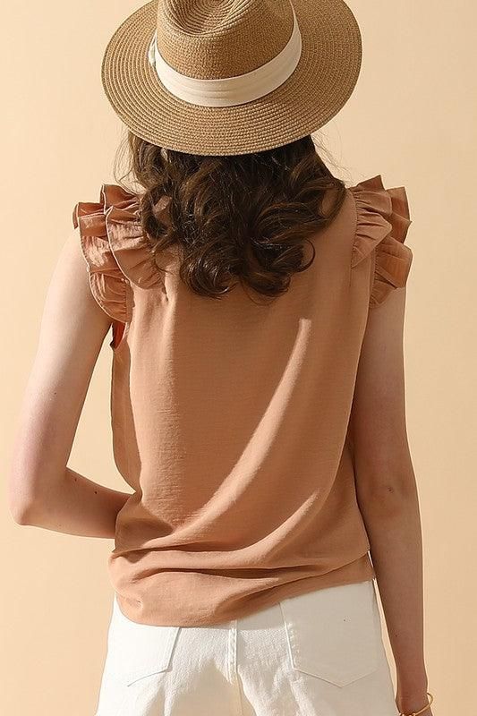 V NECK SLEEVELESS FRILL SHOULDER BLOUSE TOP - Doublju