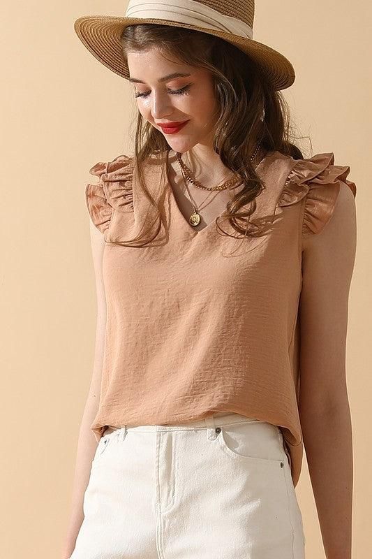 V NECK SLEEVELESS FRILL SHOULDER BLOUSE TOP - Doublju