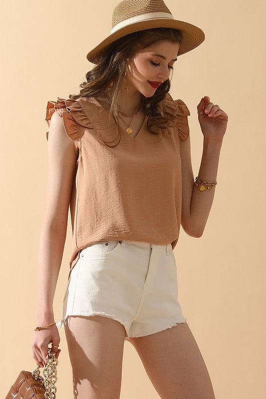 V NECK SLEEVELESS FRILL SHOULDER BLOUSE TOP - Doublju