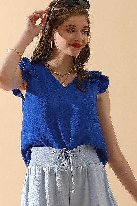 V NECK SLEEVELESS FRILL SHOULDER BLOUSE TOP - Doublju