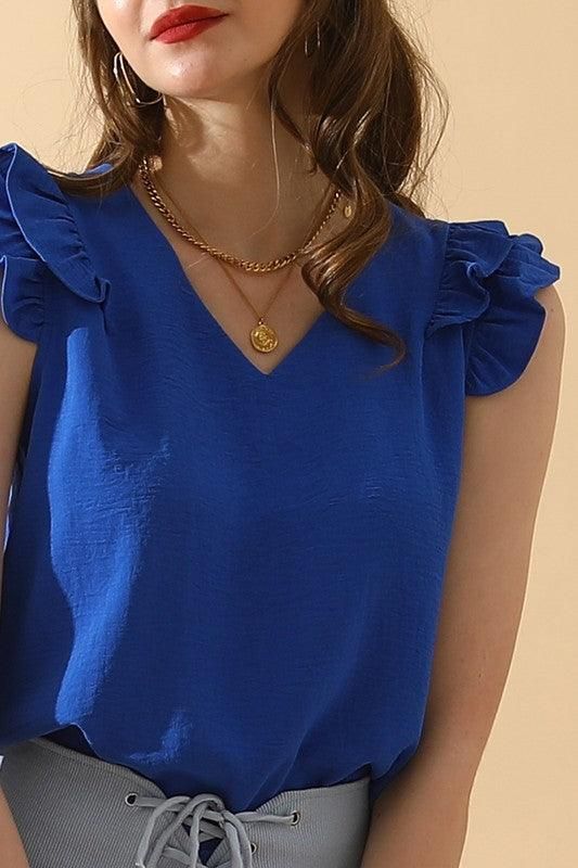 V NECK SLEEVELESS FRILL SHOULDER BLOUSE TOP - Doublju