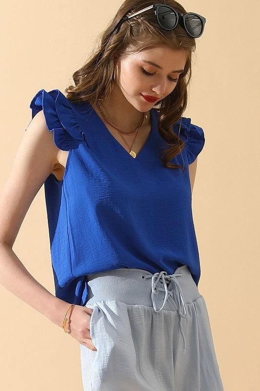 V NECK SLEEVELESS FRILL SHOULDER BLOUSE TOP - Doublju