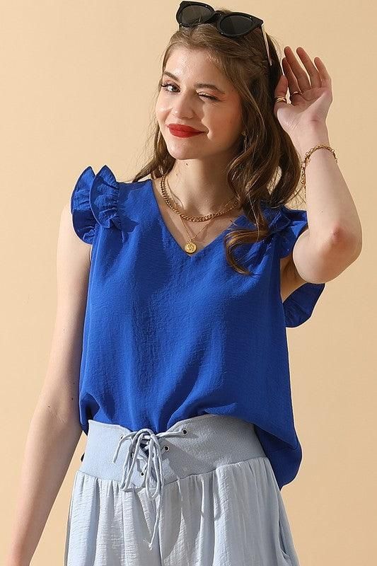 V NECK SLEEVELESS FRILL SHOULDER BLOUSE TOP - Doublju