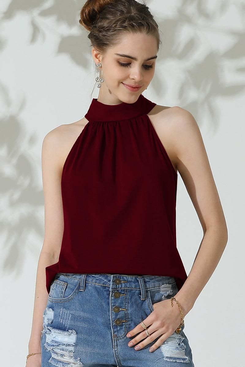 PLEATED HALTER NECK LOOSE TUNIC TOP - Doublju