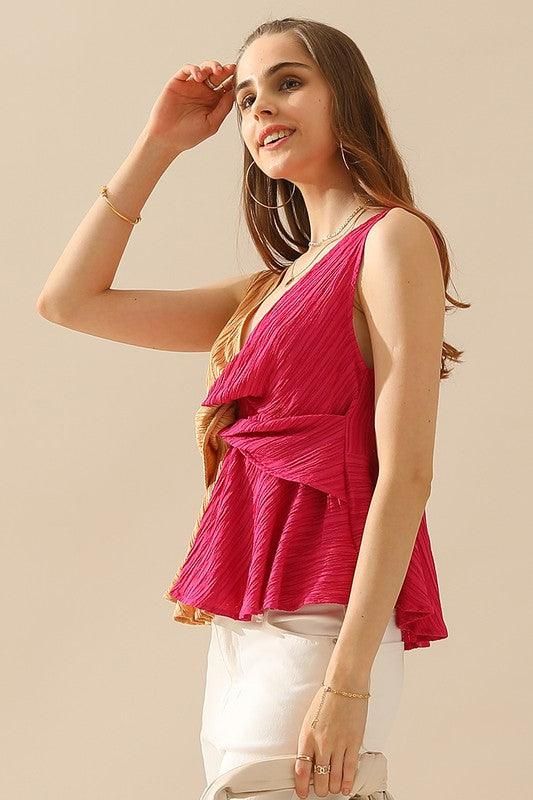 WRINKLED DEEP V NECK TWIST WAIST RUFFLED TUNIC TOP - Doublju