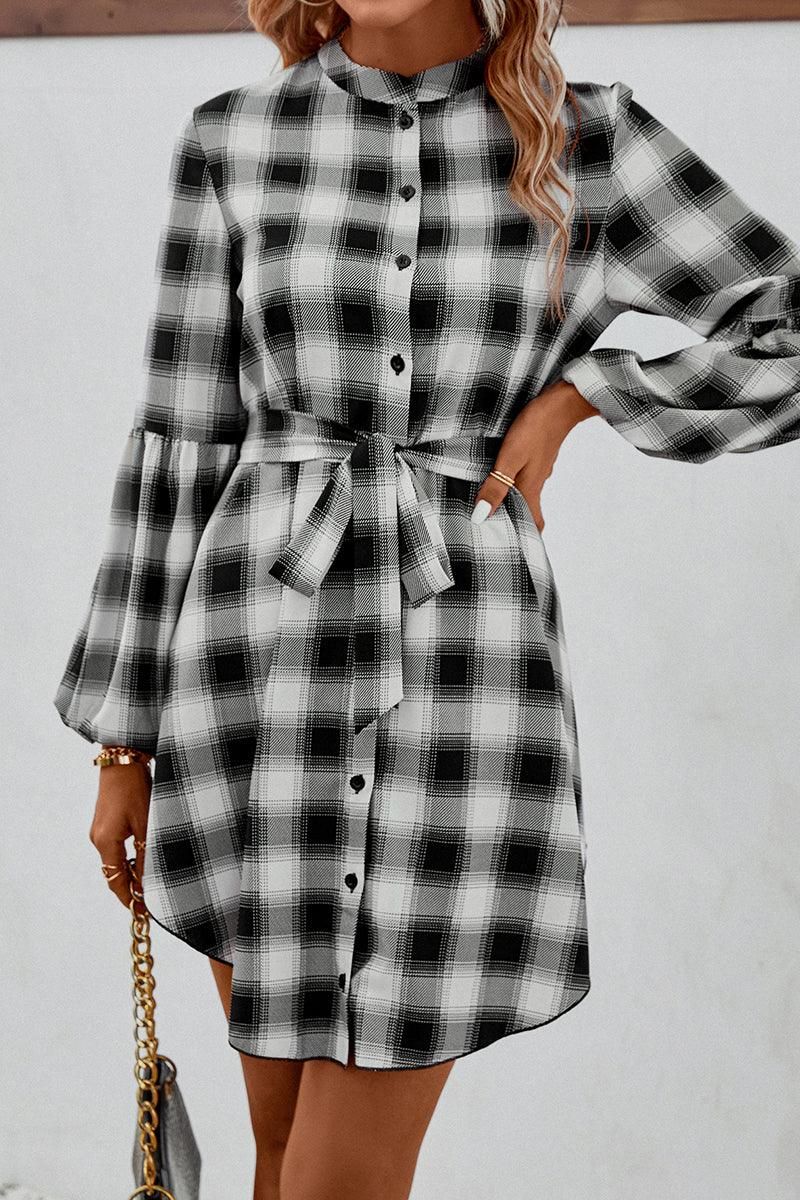 HIGH NECK PLAID BALLOON LONGSLEEVE DRESS SHIRTS - Doublju