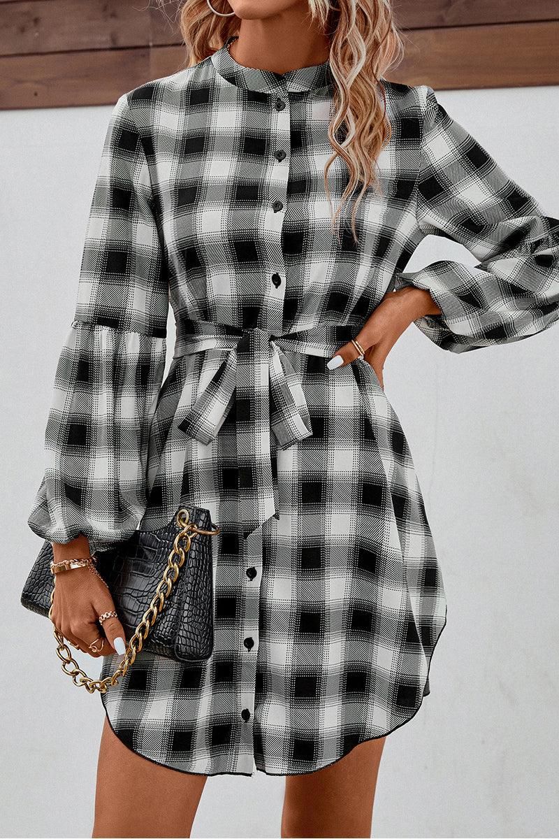 HIGH NECK PLAID BALLOON LONGSLEEVE DRESS SHIRTS - Doublju