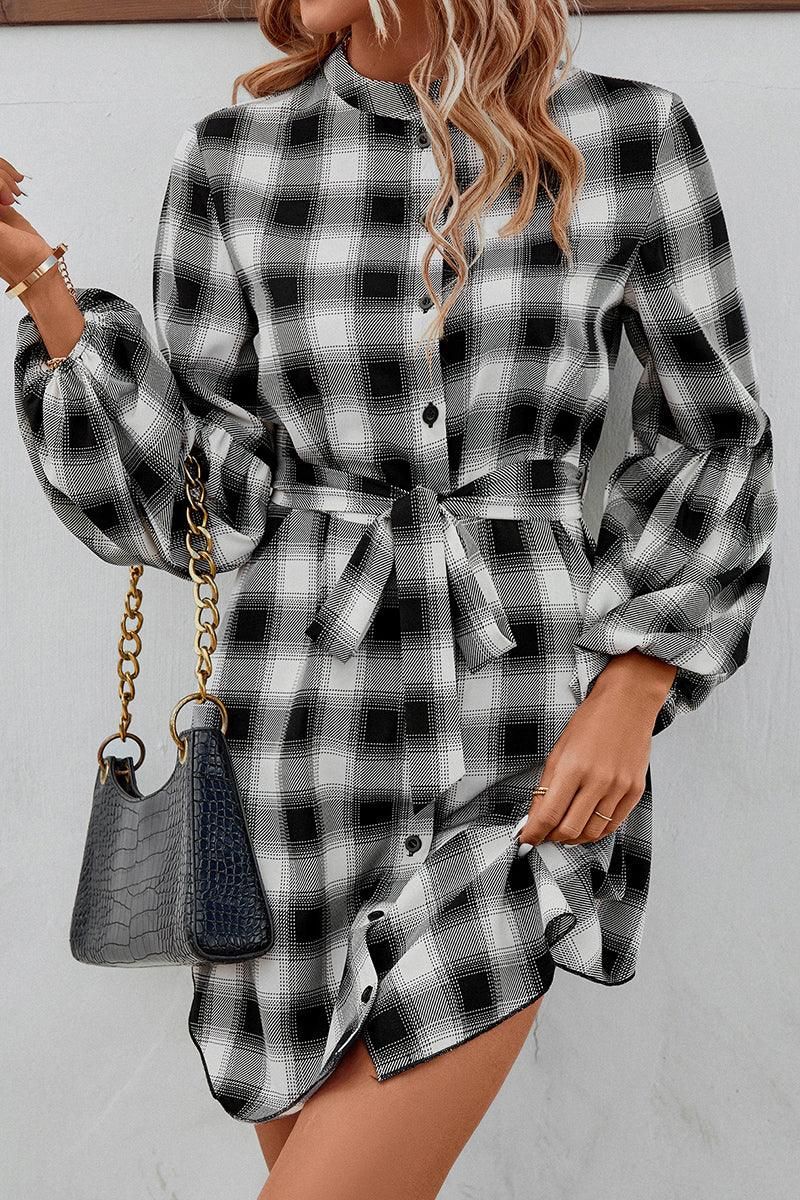 HIGH NECK PLAID BALLOON LONGSLEEVE DRESS SHIRTS - Doublju