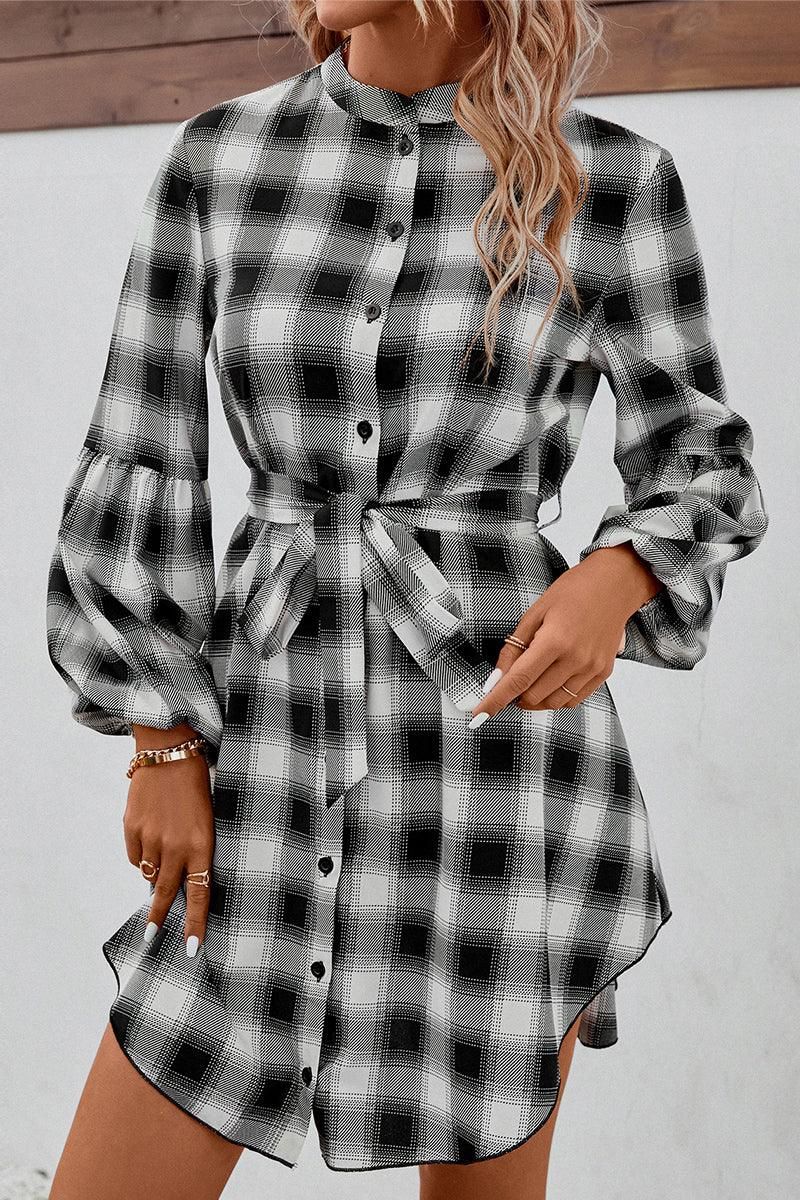 HIGH NECK PLAID BALLOON LONGSLEEVE DRESS SHIRTS - Doublju