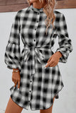 HIGH NECK PLAID BALLOON LONGSLEEVE DRESS SHIRTS - Doublju