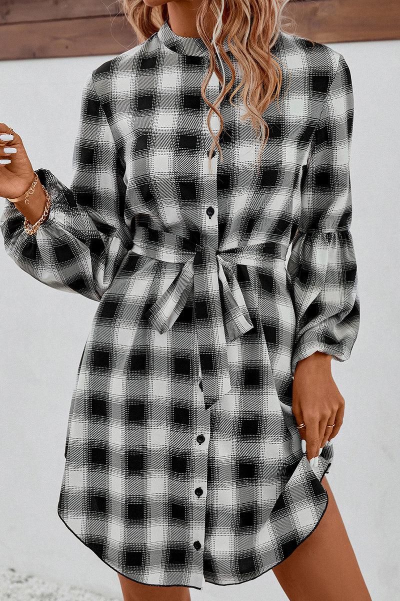 HIGH NECK PLAID BALLOON LONGSLEEVE DRESS SHIRTS - Doublju