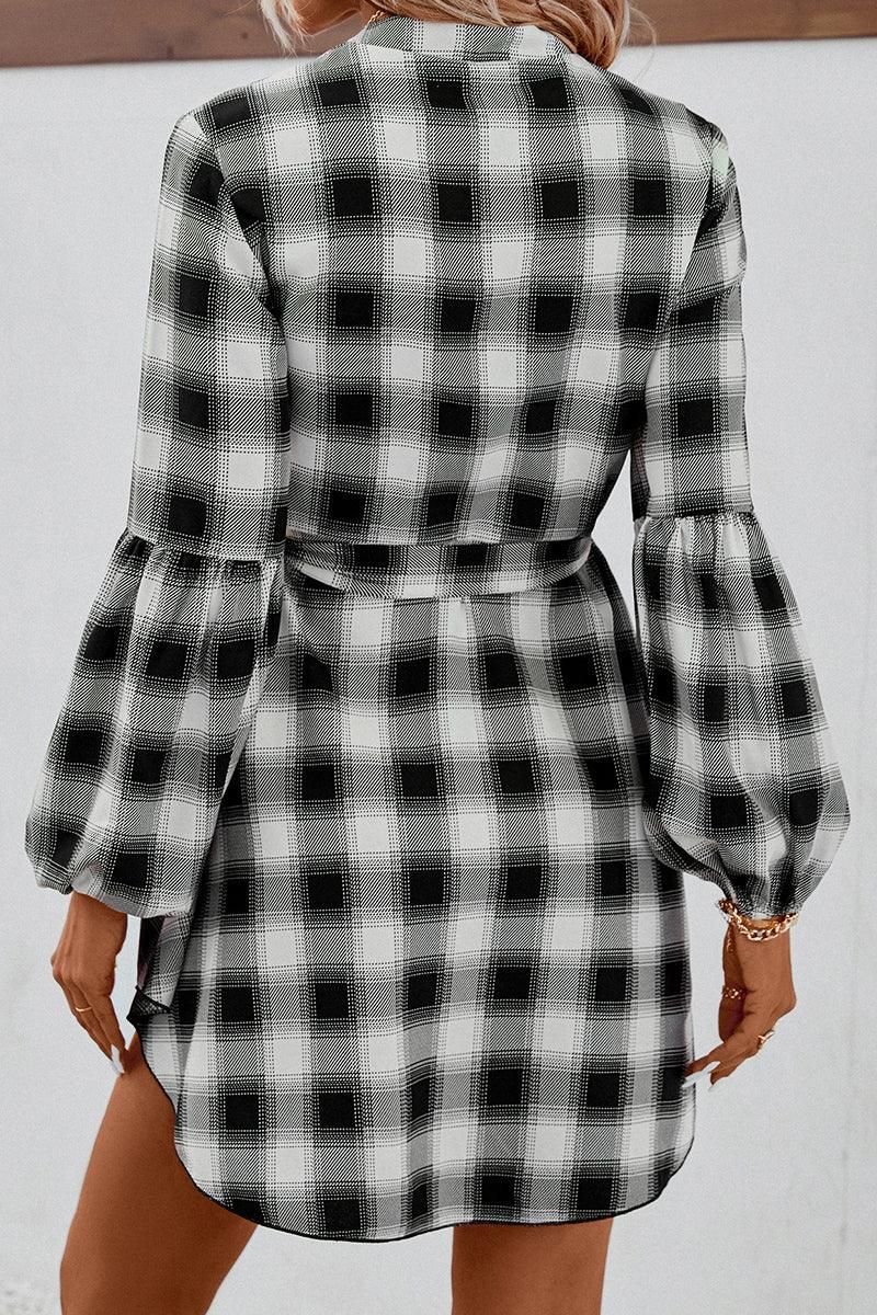 HIGH NECK PLAID BALLOON LONGSLEEVE DRESS SHIRTS - Doublju