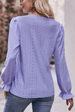 WOMEN LACE TRIM V NECK FLARED SLEEVE BLOUSE