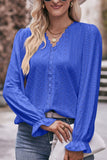 WOMEN LACE TRIM V NECK FLARED SLEEVE BLOUSE