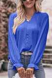 WOMEN LACE TRIM V NECK FLARED SLEEVE BLOUSE