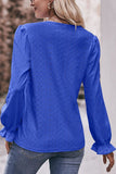 WOMEN LACE TRIM V NECK FLARED SLEEVE BLOUSE