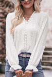 WOMEN LACE TRIM V NECK FLARED SLEEVE BLOUSE