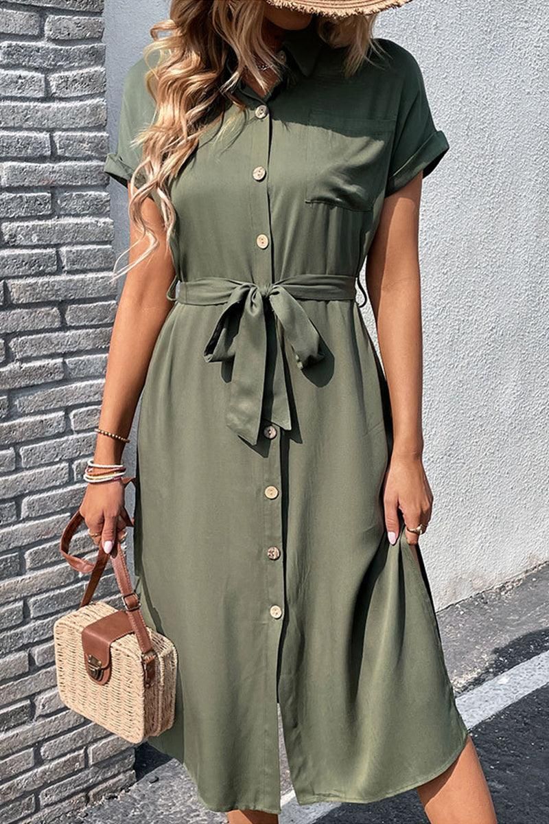 ROLL UP SLEEVE BUTTON UP BELTED SLIT DRESS - Doublju