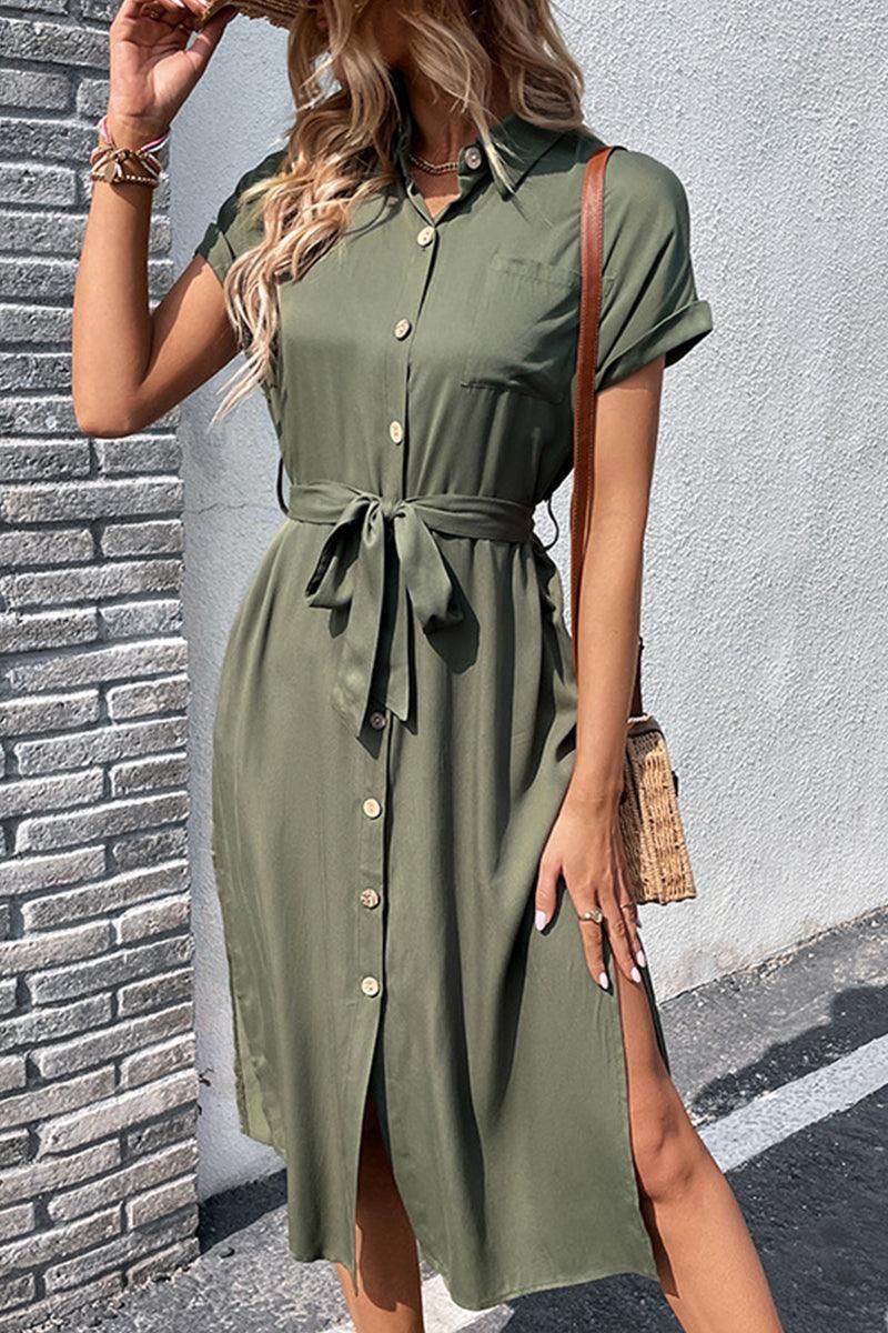 ROLL UP SLEEVE BUTTON UP BELTED SLIT DRESS - Doublju