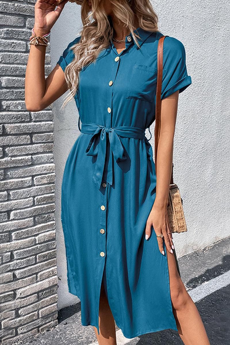 ROLL UP SLEEVE BUTTON UP BELTED SLIT DRESS - Doublju