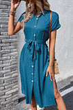 ROLL UP SLEEVE BUTTON UP BELTED SLIT DRESS - Doublju