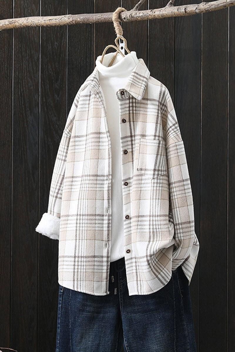 MID LENGTH FLEECE INNER WARM PLAID SHIRT JACKET - Doublju