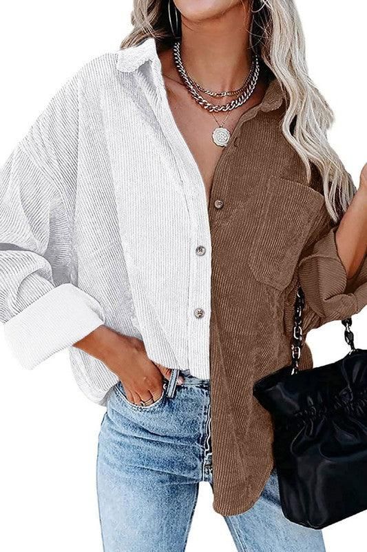 CONTRAST COLOR BLOUSE LONG SLEEVED SHIRT - Doublju