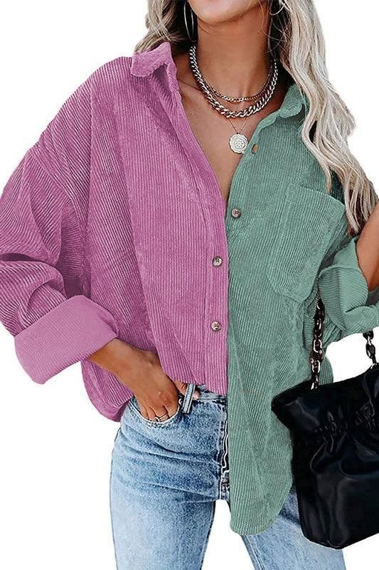 CONTRAST COLOR BLOUSE LONG SLEEVED SHIRT - Doublju