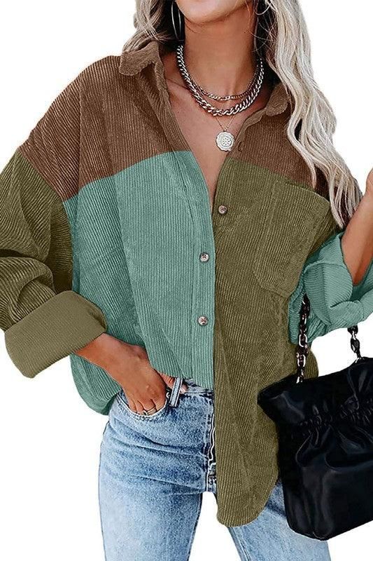 CONTRAST COLOR BLOUSE LONG SLEEVED SHIRT - Doublju