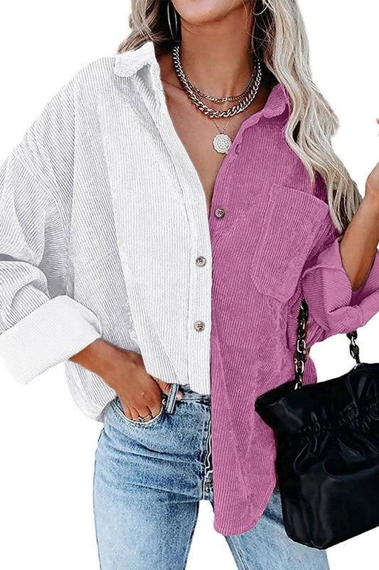 CONTRAST COLOR BLOUSE LONG SLEEVED SHIRT - Doublju