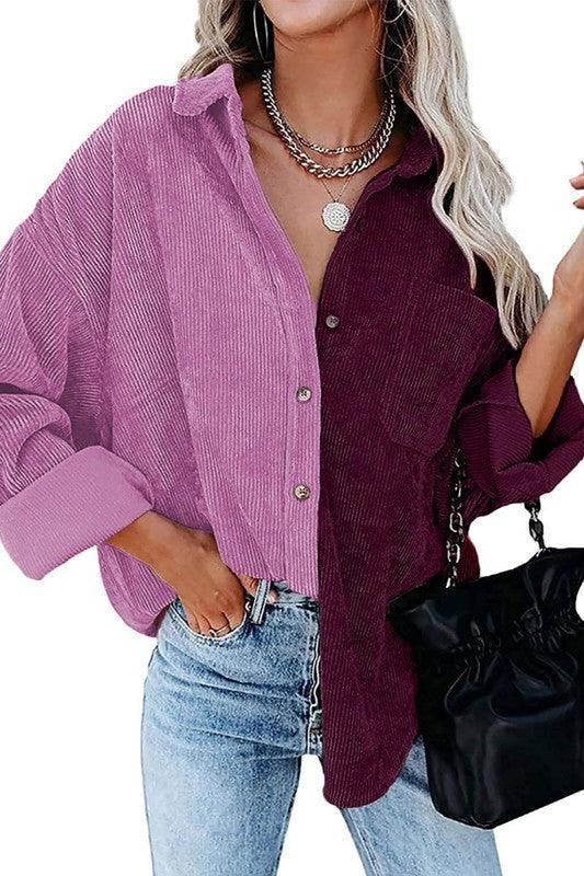 CONTRAST COLOR BLOUSE LONG SLEEVED SHIRT - Doublju