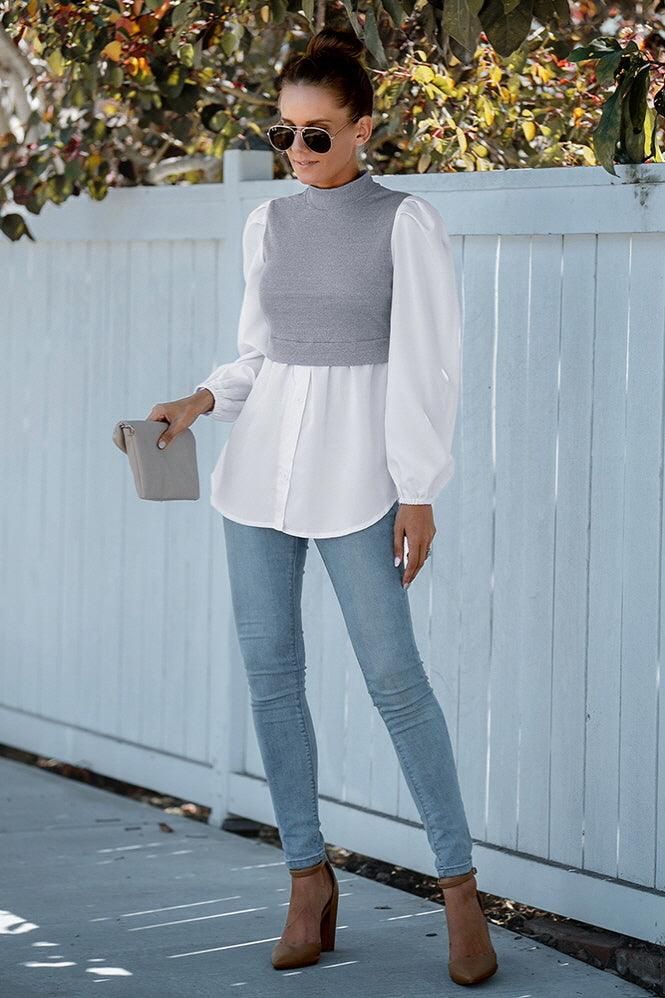 LONG SLEEVE FAKE TWO PIECE BLOUSES - Doublju