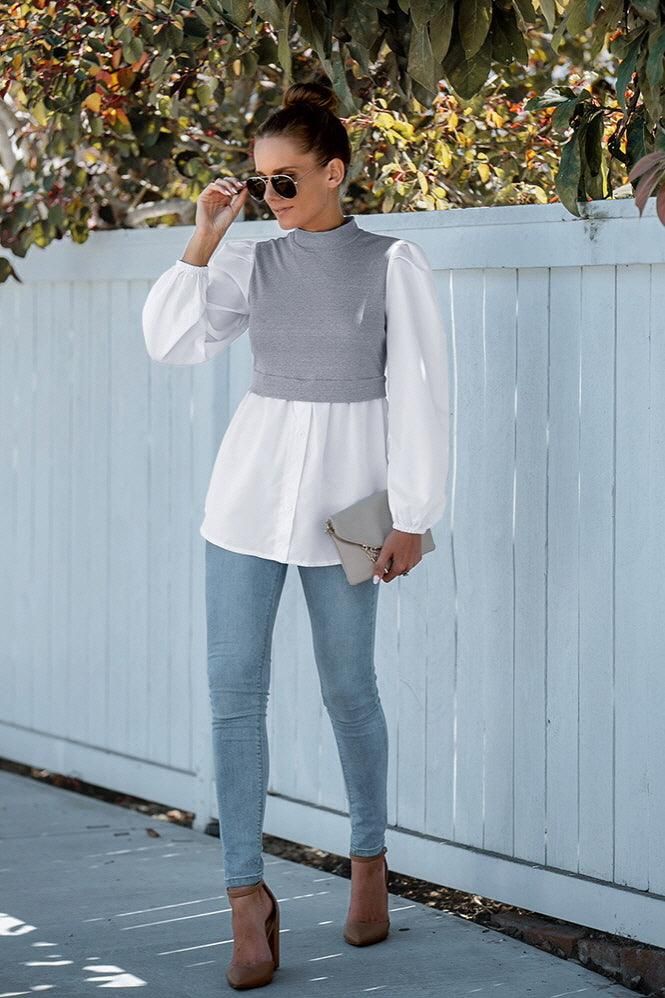 LONG SLEEVE FAKE TWO PIECE BLOUSES - Doublju