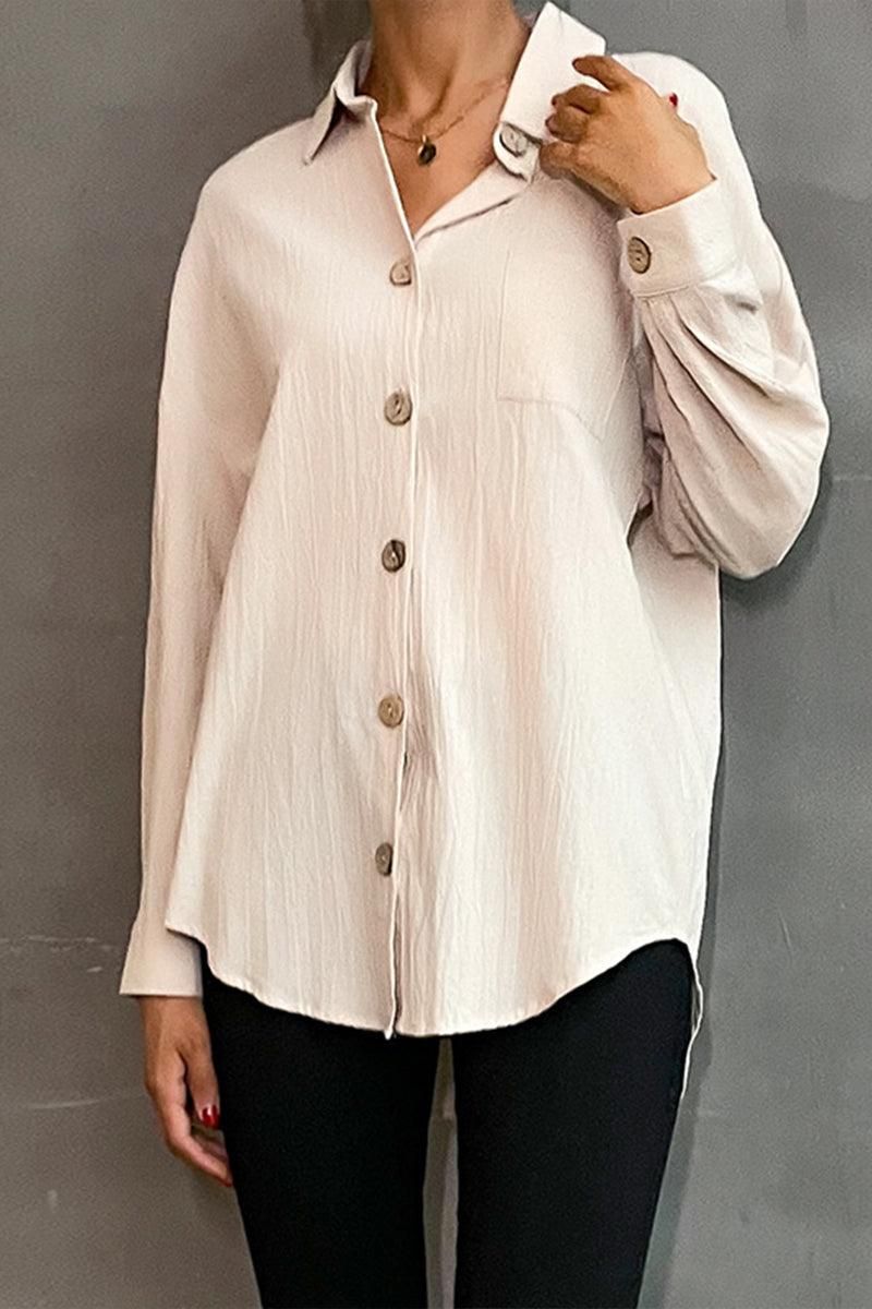 BUTTON DOWN SOLID LOOSE FIT BLOUSE SHIRTS - Doublju