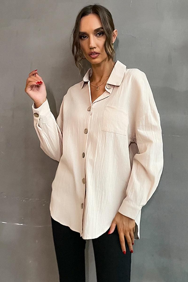 BUTTON DOWN SOLID LOOSE FIT BLOUSE SHIRTS - Doublju