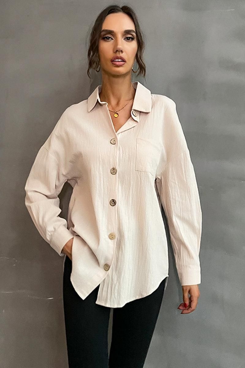 BUTTON DOWN SOLID LOOSE FIT BLOUSE SHIRTS - Doublju