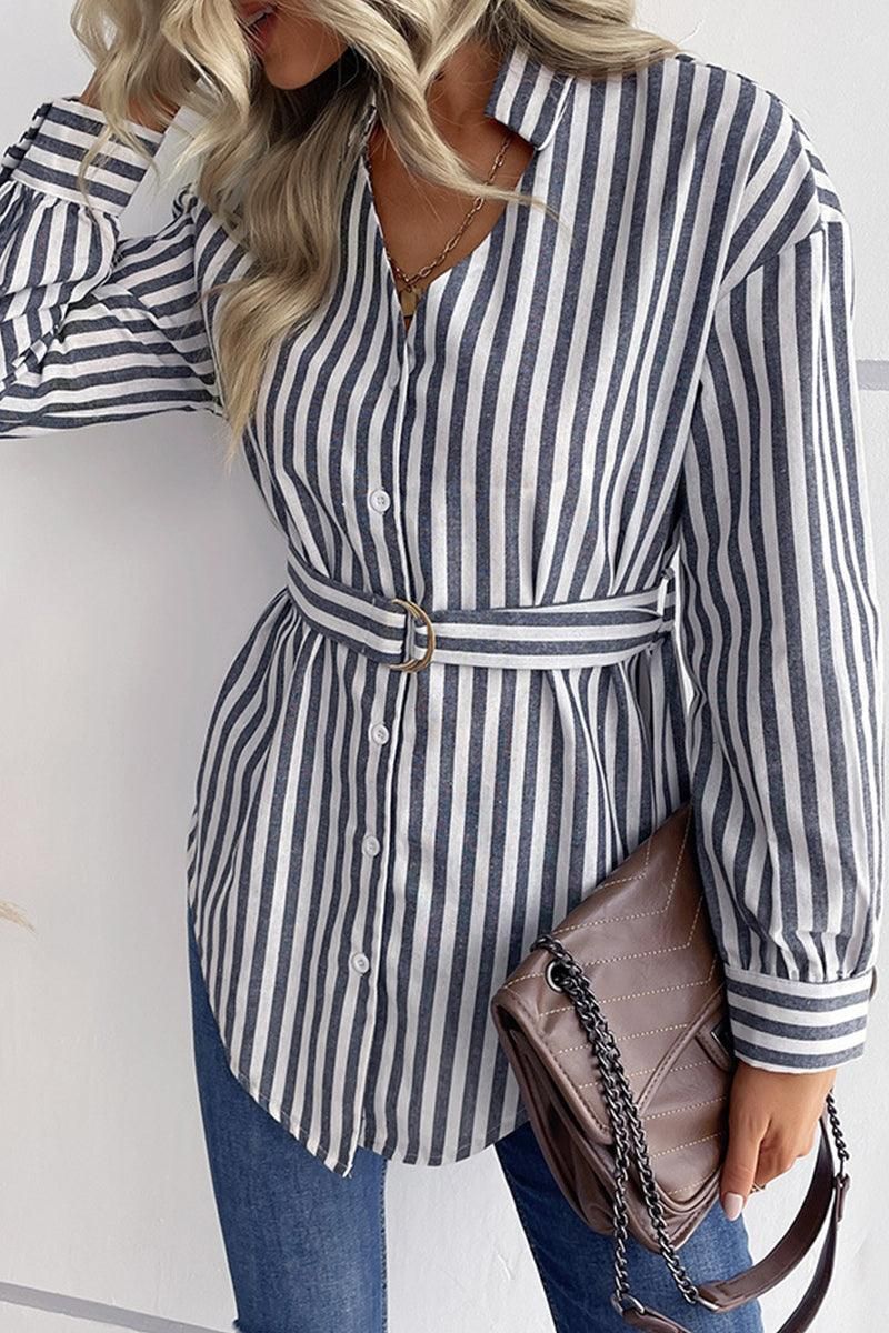 STRIPE PATTERNED BUTTON DOWN TUNIC SHIRT - Doublju