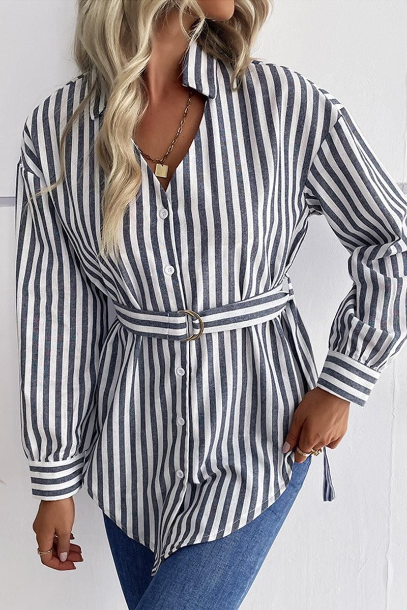 STRIPE PATTERNED BUTTON DOWN TUNIC SHIRT - Doublju