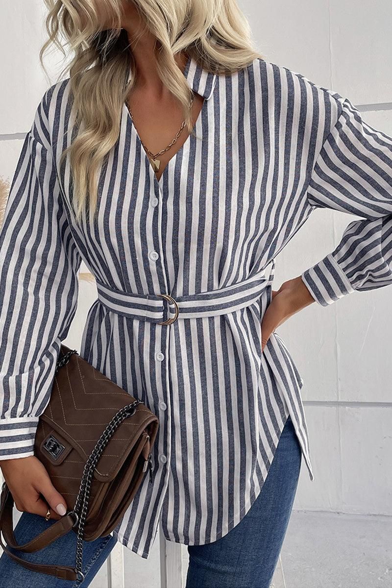 STRIPE PATTERNED BUTTON DOWN TUNIC SHIRT - Doublju