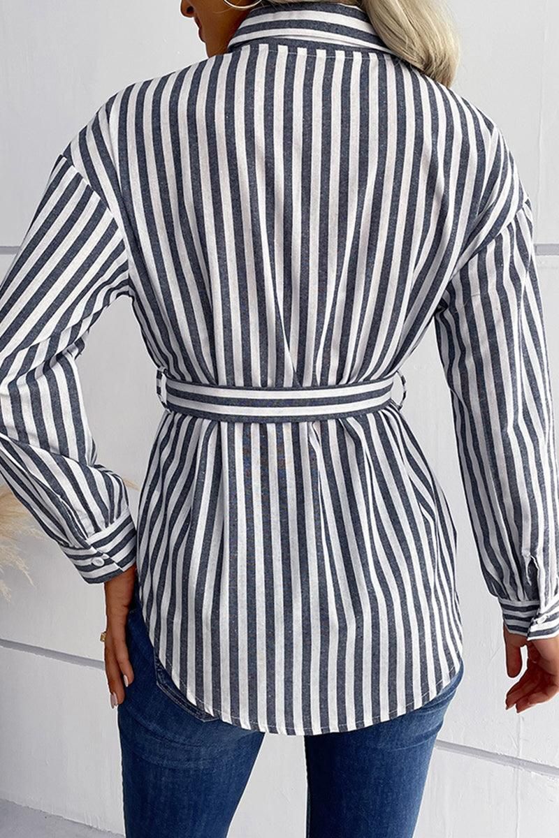 STRIPE PATTERNED BUTTON DOWN TUNIC SHIRT - Doublju