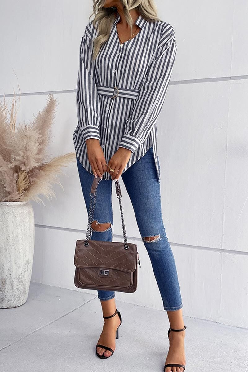 STRIPE PATTERNED BUTTON DOWN TUNIC SHIRT - Doublju