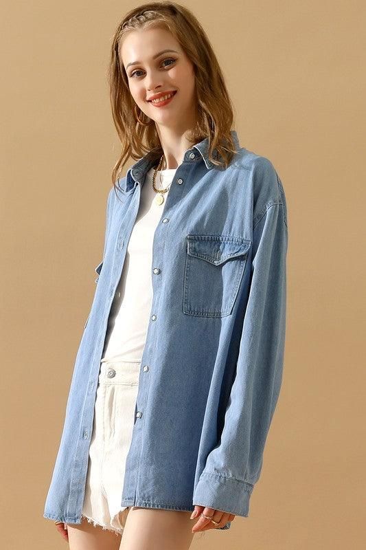 SIMPLE POKCET DENIM LONG SLEEVE SHIRTS - Doublju