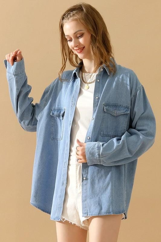 SIMPLE POKCET DENIM LONG SLEEVE SHIRTS - Doublju